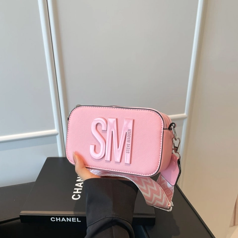 Fashion Camera Bag Women PU Leather Crossbody Small Square Purse With Patterned Wide Webbing Strap Double Zipper