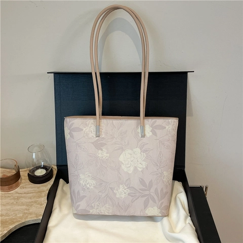 Große Kapazität PU-Leder Blumenmuster Tragetasche Für Damen Minimalistische Pendler Schultertasche Retro Eimer Handtasche