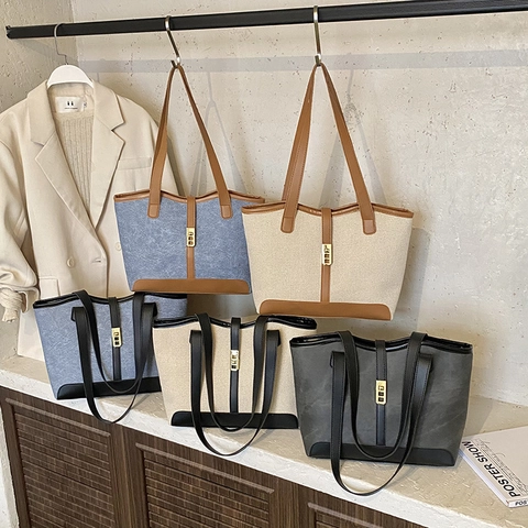 Bolso De Mano Tipo Tote Para Mujer Color En Contraste Patchwork De Cuero PU Y Lona Bolso De Hombro De Gran Capacidad Estilo Retro