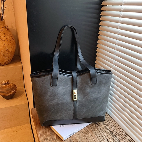 Bolso De Mano Tipo Tote Para Mujer Color En Contraste Patchwork De Cuero PU Y Lona Bolso De Hombro De Gran Capacidad Estilo Retro