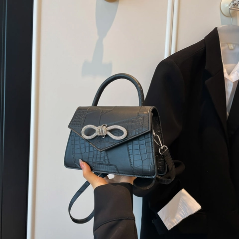 Women Crocodile Embossed PU Leather Shoulder Crossbody Bag With Rhinestone Bow Top Handle Elegant Square Handbag