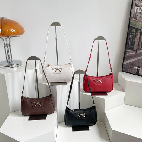 Bolso de Axila de Cuero PU de Moda para Mujer Color Sólido Decoración de Lazo Puntadas Bolso de Hombro Baguette para Oficina