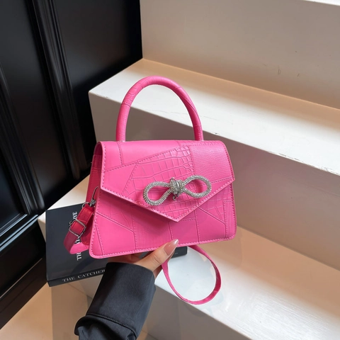Mode Dames Krokodillen-Effect PU Lederen Crossbody Tas Met Strass Strik Detail Vierkante Handtas Voor Feest Dagelijks