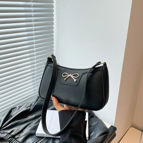 Women Baguette Bag Metal Bow Pebbled PU Leather Solid Color Fashionable Korean Style Underarm Shoulder Bag Elegant