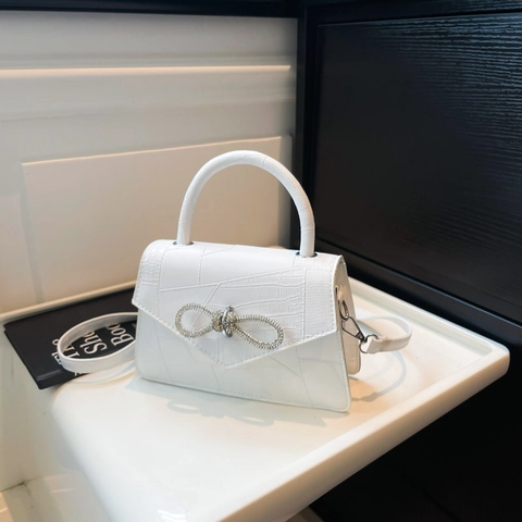 Sac à Main en Cuir PU à Motif Crocodile pour Femmes Décoration Nœud en Strass Petit Sac Carré Bandoulière pour Fête