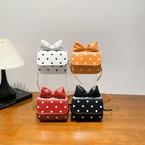 Mini Polka Dot Crossbody Bag PU Leather Large Bow Decoration Small Square Flap Shoulder Bag For Kids Girls