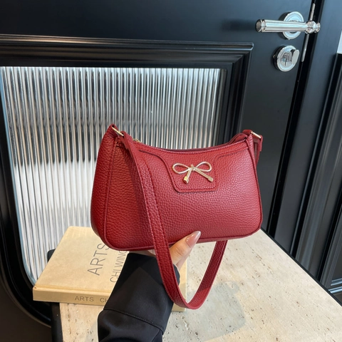 Damen Litchi PU Leder Achseltasche Goldene Schleife Dekoration Elegante Hobo Schultertasche Mode Tägliche Pendeltasche Für Frauen
