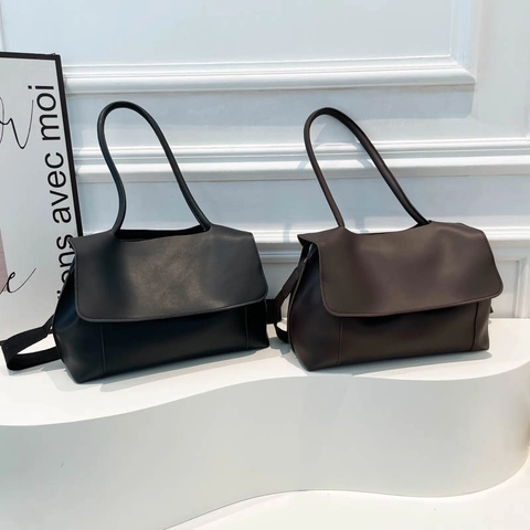 Vintage Large Capacity PU Leather Shoulder Bag For Women Solid Color Retro Commuter Tote Bag With Flap Handbag Office Daily