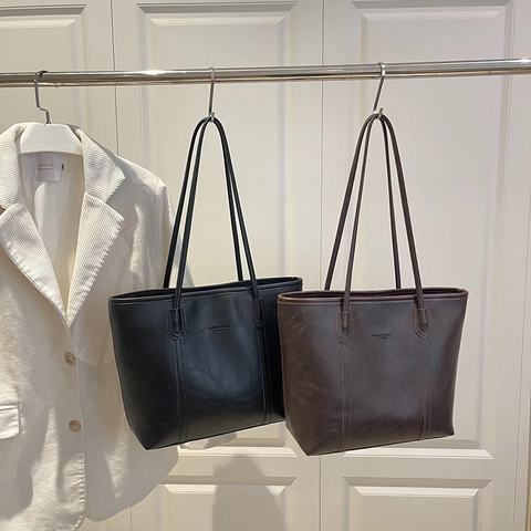 Vintage PU Leather Large Capacity Tote Bag For Women Fashion Simple Solid Color Zipper Shoulder Bag Daily Commute Shopping