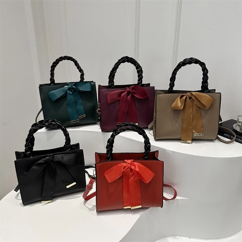 Handtasche Damen PU Leder Große Satinschleife Eleganter Gewebter Griff Schulter Umhängetasche