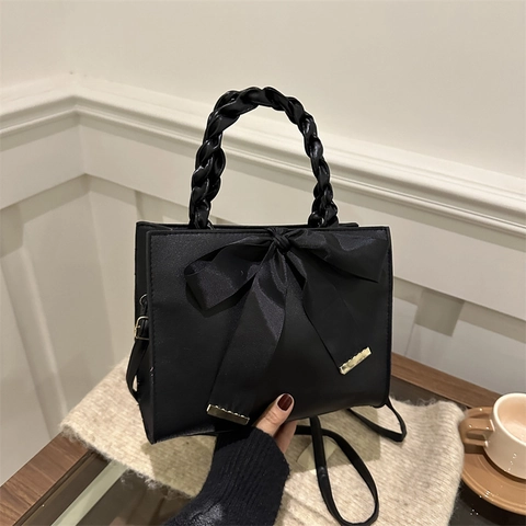 Handtasche Damen PU Leder Große Satinschleife Eleganter Gewebter Griff Schulter Umhängetasche