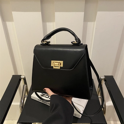 Bolso de Mano de Cuero Sintético de Moda Urbana para Mujer Vintage Trapecio Bolso de Hombro Con Hebilla Dorada Asa Superior Pequeña