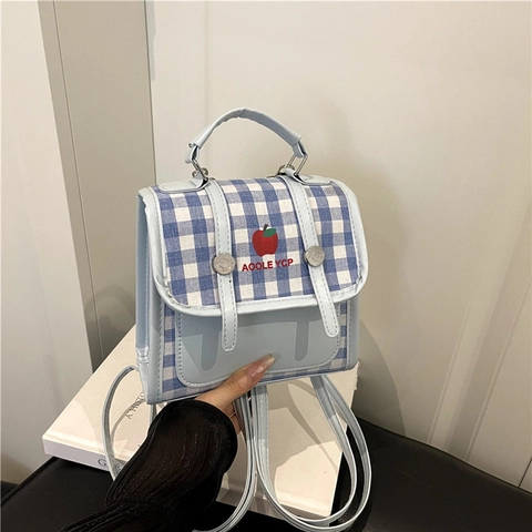 Mini Versatile Multi Functional Bag PU Leather Gingham Fabric Red Apple Embroidery Preppy Style Handheld Shoulder Bag