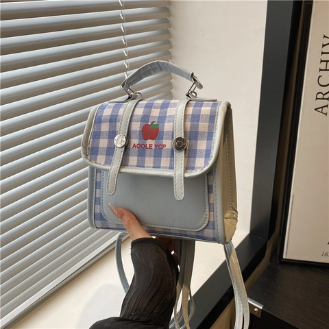 Mini Versatile Multi Functional Bag PU Leather Gingham Fabric Red Apple Embroidery Preppy Style Handheld Shoulder Bag