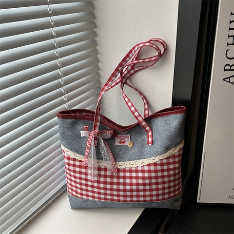 Bolso Tote de Patchwork de Denim a Cuadros de Estilo Pastoral Con Lazo de Encaje Decoración de Cereza Bolso de Hombro para Mujer
