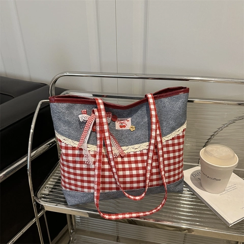 Borsa Tote Donna Denim Quadri Patchwork Pizzo Ciliegia Gingham Borsa A Spalla Grande Capacità Stile Dolce Kawaii