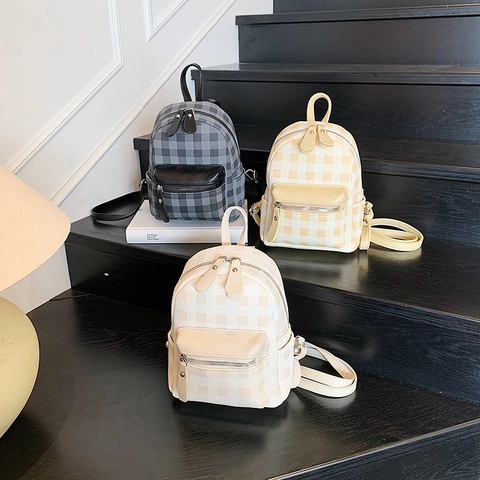 Mini Zaino Donna Pelle PU Motivo Quadri Gingham Moda Stile Preppy Piccola Borsa Viaggio Cinghie Regolabili