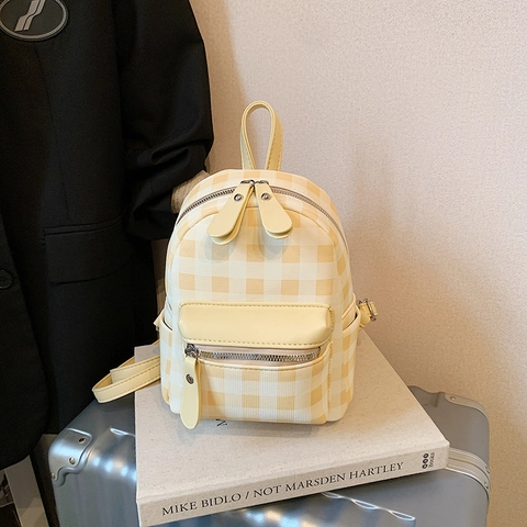 Mini Zaino Donna Pelle PU Motivo Quadri Gingham Moda Stile Preppy Piccola Borsa Viaggio Cinghie Regolabili
