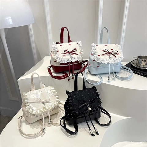Mini Sac À Dos Style Lolita Doux Cuir PU Dentelle Volants Nœud Papillon Pendentif Künstliche Perle Coeur Mode Pour Femmes Filles