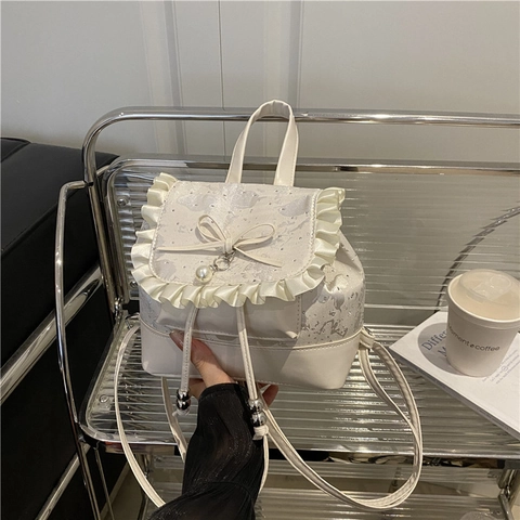Mini Sac À Dos Style Lolita Doux Cuir PU Dentelle Volants Nœud Papillon Pendentif Künstliche Perle Coeur Mode Pour Femmes Filles