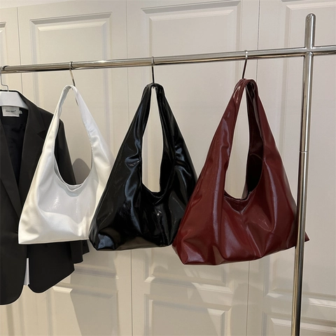 Women Shiny PU Leather Hobo Bag Large Capacity Underarm Tote Casual Shoulder Handbag Solid Color Fashion Versatile