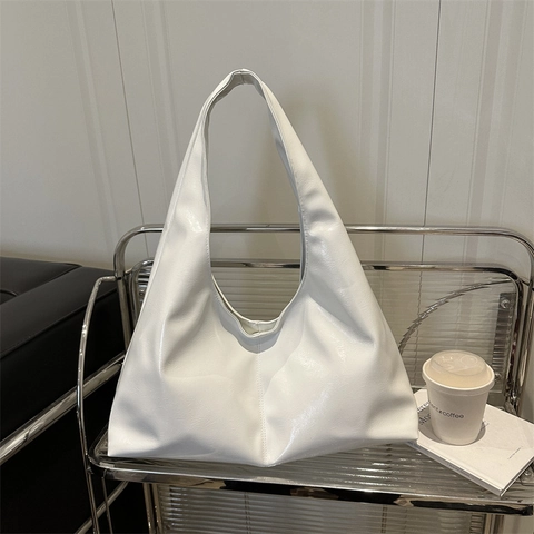Women Shiny PU Leather Hobo Bag Large Capacity Underarm Tote Casual Shoulder Handbag Solid Color Fashion Versatile
