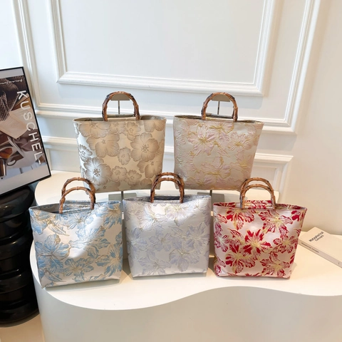 Borsa Tote In Jacquard Floreale Con Manico In Bambù Grande Capacità Stile Cinese Vintage Borsa A Mano Per Donna