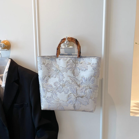 Borsa Tote In Jacquard Floreale Con Manico In Bambù Grande Capacità Stile Cinese Vintage Borsa A Mano Per Donna