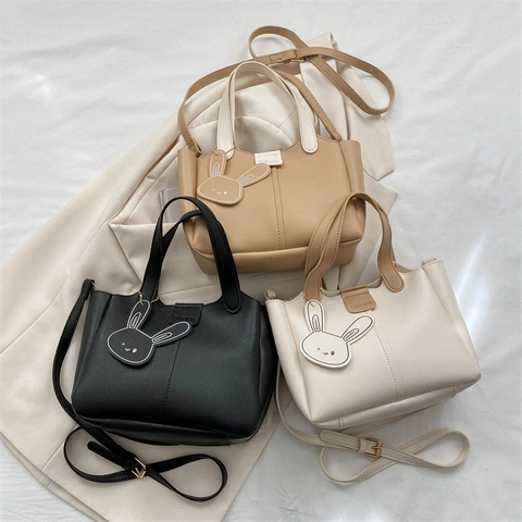 Bolso De Mano De Cuero PU Para Mujer Color Contrastado Bolso De Hombro Con Colgante De Conejo Retro Chic Bolso De Viaje Cuadrado