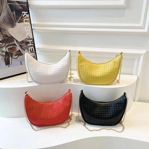 Woven PU Leder Unterarmtasche Mode Halbmond Hobo Schulter Umhängetasche Mit Goldener Kette Für Damen