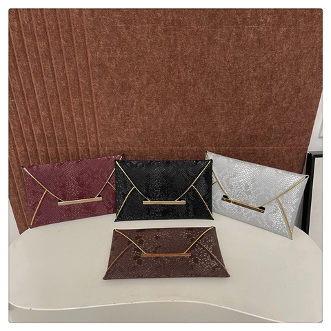 Envelop Clutch Tas Van PU Leer Met Slangenpatroon Gouden Metalen Rand Avondfeest Elegante Minimalistische Handtas Dames