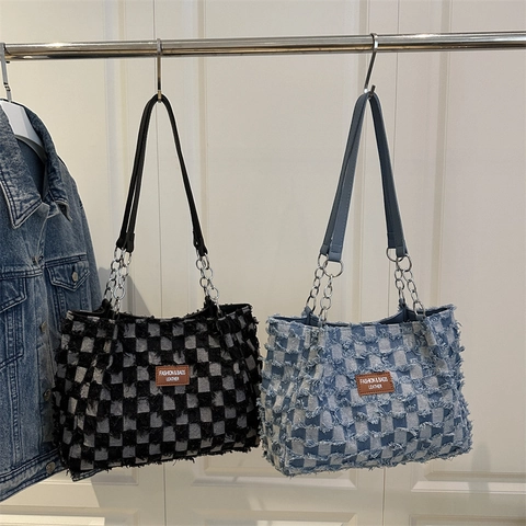 Bolso Tote de Mezclilla con Tablero de Ajedrez Retro Francés para Mujer Bolso de Hombro con Cadena de Gran Capacidad