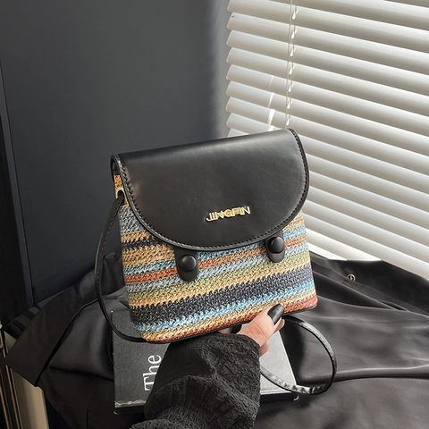 Woven Shoulder Bag PU Leather Flap Colorful Stripe Small Square Crossbody For Women Summer Vacation Fashion
