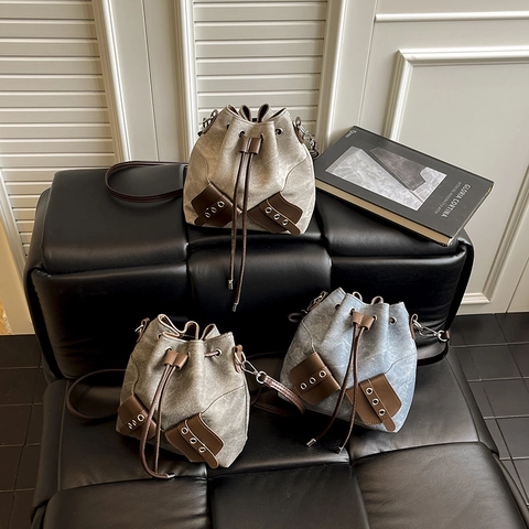 Vintage Canvas Emmertas Voor Dames Retro Trekkoord Crossbody Tas Met PU Leren Trim Veelzijdige Schoudertas Voor Dagelijks Gebruik