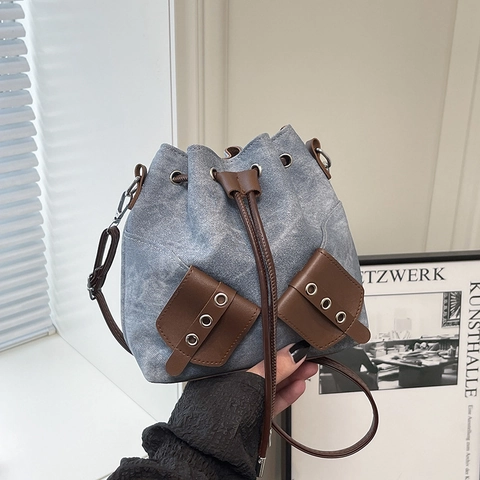 Borsa A Secchiello Donna Tela Pelle PU Patchwork Coulisse Retro Casual Spalla Borsa A Tracolla Con Tasche Decorative