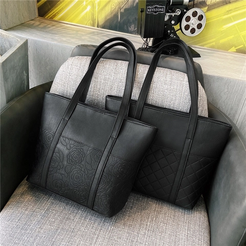 Women Tote Bag Large Capacity PU Leather Quilted Rose Embossed Stone Grain Texture Shoulder Handbag Office Casual