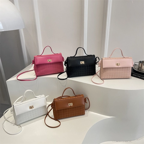 Women Shoulder Crossbody Bag PU Leather Houndstooth Embossing Metal Turn Lock Retro Top Handle Square Handbag