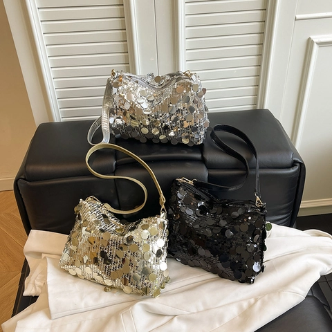 Damen Pailletten Umhängetasche Glänzende Achseltasche Modische Party Reise Stil Mit Reißverschluss Handtasche