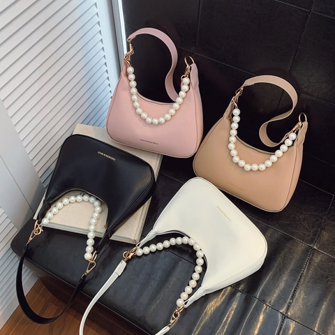 Bolso De Hombro Hobo Para Mujer Cuero PU Forma De Media Luna Con Cadena De Perlas Artificiales Y Correa Ajustable Elegante