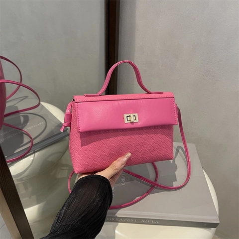 Women Shoulder Crossbody Bag PU Leather Houndstooth Embossing Metal Turn Lock Retro Top Handle Square Handbag