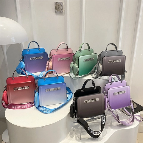 Women Gradient Square Handbag PU Leather Large Capacity Top Handle Bag With Wide Shoulder Strap And Mini Coin Pouch Casual