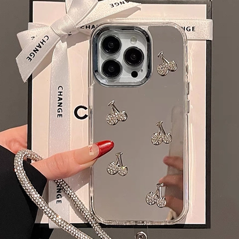 iPhone Case Luxury Electroplated Mirror Finish Rhinestone Cherry Design With Bling Hand Strap Protective Cover For Women
