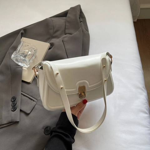Dames Retro PU Lederen Schoudertas Minimalistische Vierkante Tas Met Gouden Metalen Sluiting Nagelriem Voor Dagelijks Gebruik