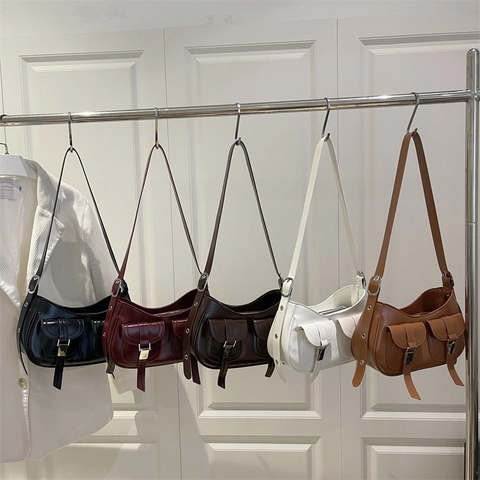 Women Retro PU Leather Shoulder Bag Double Pocket Solid Color Underarm Crossbody Bag Fashion Simple Street Style Handbag