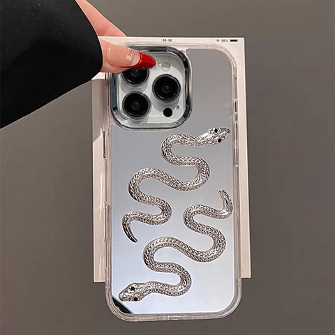 Custodia Per Telefono A Specchio Con Rilievo Di Serpente Argento 3D E Cinturino In Strass Per IPhone TPU Elettroplaccato