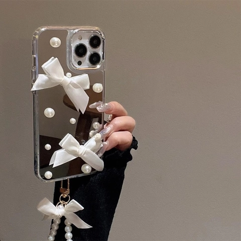 Bowknot Mirror Phone Case With Artificial Pearl Hand Strap Satin Ribbon Bows Decorative Protective Cover Luxury Style
