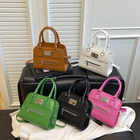 Women Handbag Crossbody Bag PU Leather Small Square Fashion Shoulder Bag Zipper Decor Silver Hardware Casual Dual Handle