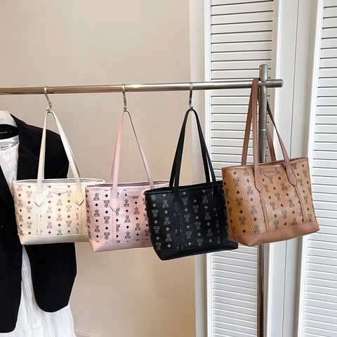 PU Lederen Dames Shopper Tas Beer Ruit Monogram Print Grote Capaciteit Schoudertas Forensen Handtas