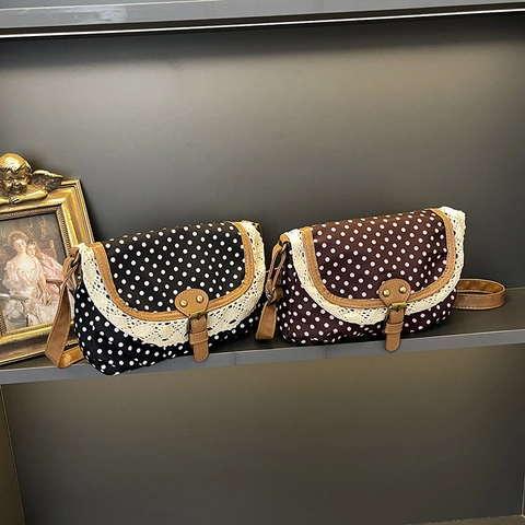 Polka Dot Lace Shoulder Crossbody Bag Retro Korean Style Canvas Flap Handbag For Women Daily Casual Polyester Lining