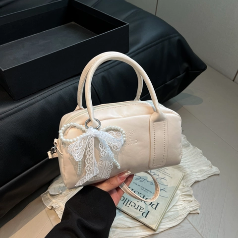 Women PU Leather Boston Bag Artificial Pearl Lace Bow Charm Handheld Crossbody Shoulder Handbag Trendy Summer Style
